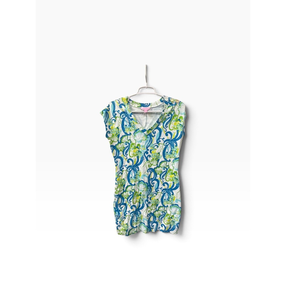 Lilly Pulitzer Dress Women S Blue Green Coastal Shell Print V-Neck Button